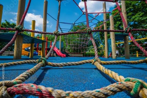 A playground with rope climbing structures and monkey bars on a bright day