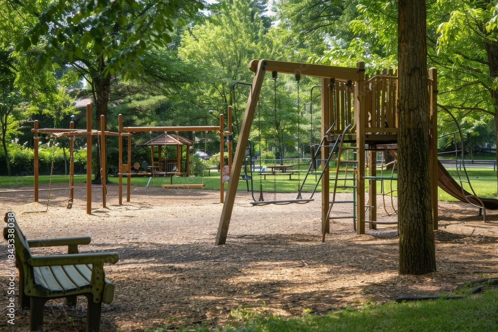 A playground with swings, slides, and a merry-go-round in a suburban parka suburban park A playground with swings, slides, and a merry-go-round in a suburban parka suburban park