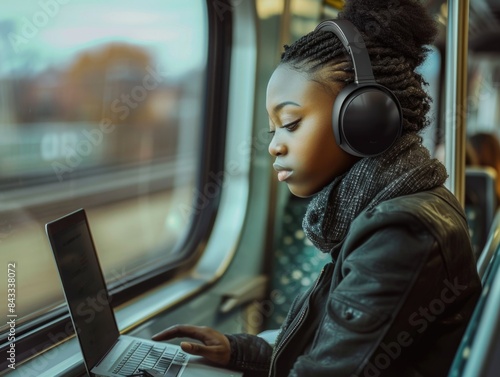 Young African American woman, wearing headphones, working on laptop, sitting on train, window seat, focused expression, business attire, commuting, urban background, early 20s © Matthew