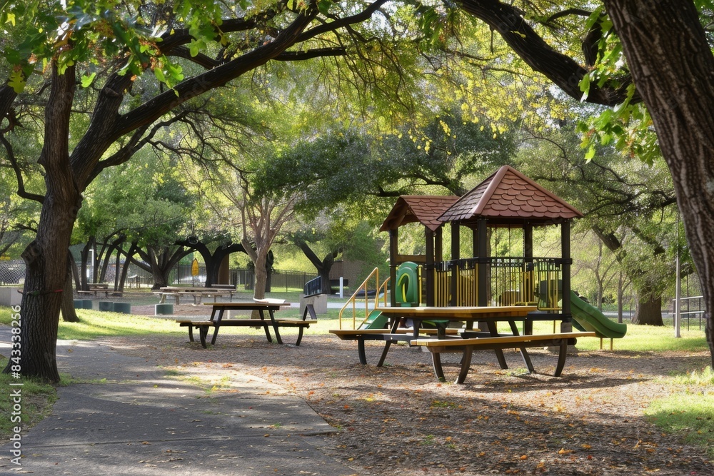 A playground in a community park with benches and shaded picnic areas A playground in a community park with benches and shaded picnic areas
