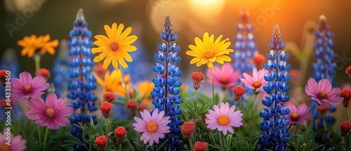A field of flowers with a mix of colors including blue, yellow, and pink. The flowers are in full bloom and the sun is shining brightly on them. Concept of warmth, happiness, and beauty
