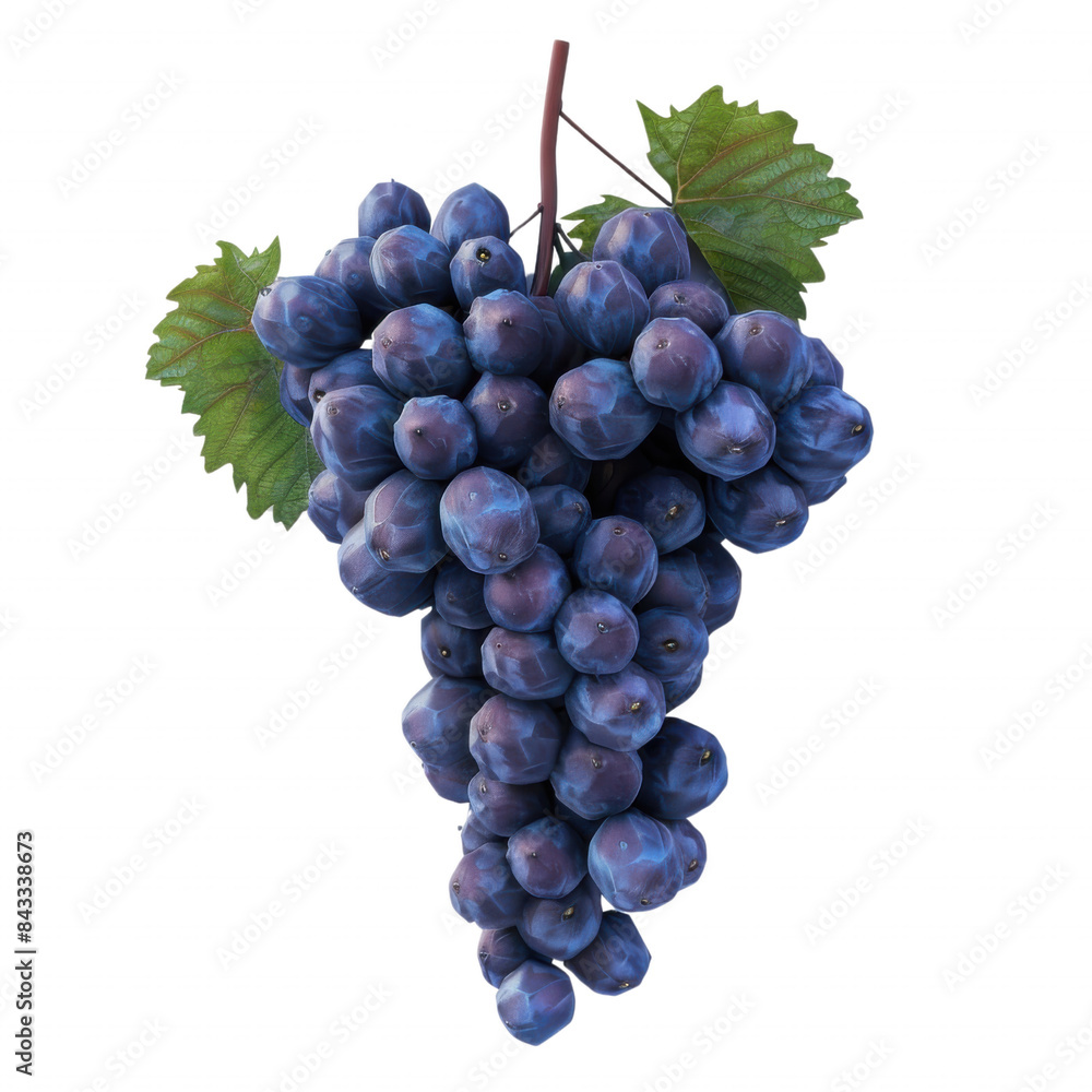 Bunch of fresh blue grapes with green leaves on vine, isolated on white background. Perfect for food, nature, and wine-related stock photos. Bunch of fresh blue grapes with green leaves on vine, isolated on white background. Perfect for food, nature, and wine-related stock photos.
