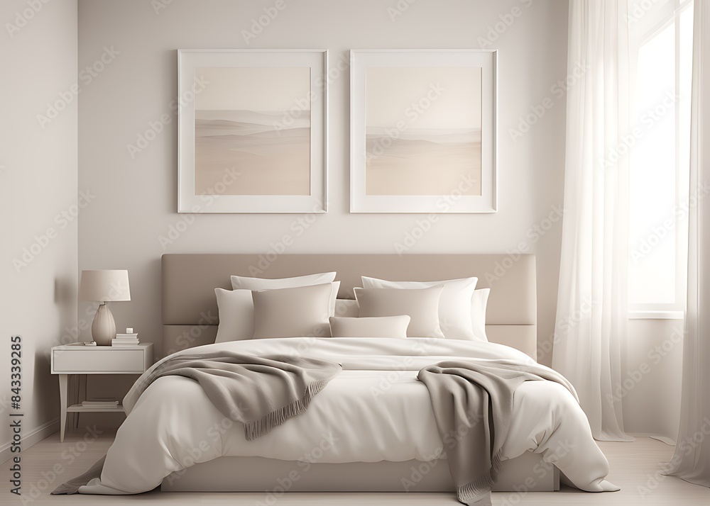 Fototapeta premium Mockup white empty frame in light cozy and simple bedroom interior background, 3d render