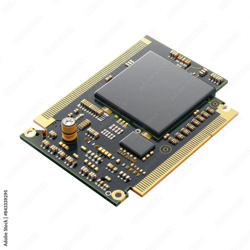 Close-up of a computer microchip showcasing intricate circuitry and electronic components on a white background. Close-up of a computer microchip showcasing intricate circuitry and electronic components on a white background.