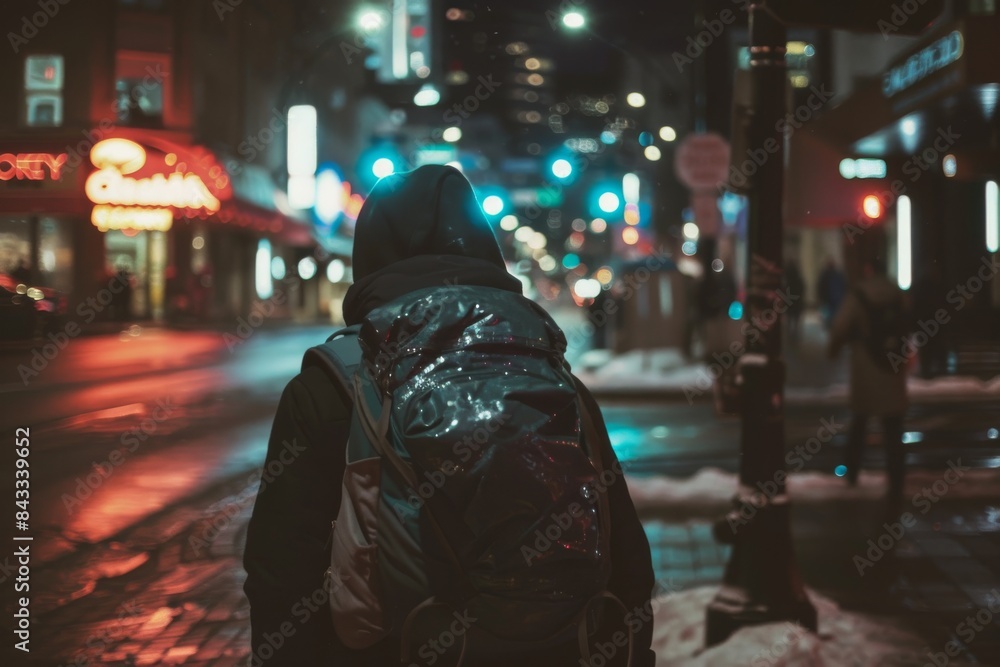 A person walking in an urban setting at night, looking exhausted and carrying a heavy bag A person walking in an urban setting at night, looking exhausted and carrying a heavy bag