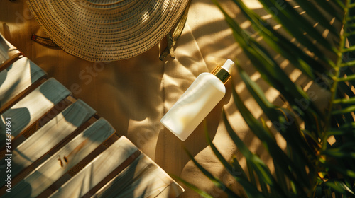 A straw hat and sunscreen bottle on a wooden surface, surrounded by tropical plants, creating a summer vacation vibe.
