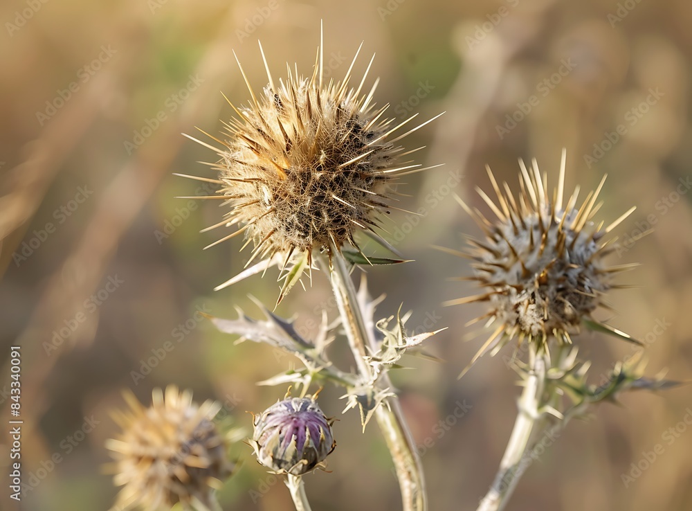 A closeup of the dry thistle flower with its sharp spines, symbolizing resilience and textures A closeup of the dry thistle flower with its sharp spines, symbolizing resilience and textures