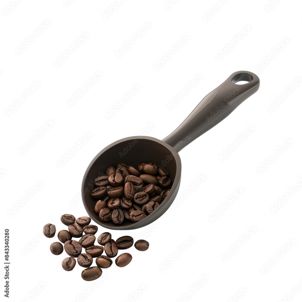 Fototapeta premium Coffee beans in a black scoop, isolated on a white background, perfect for kitchen and culinary themes.