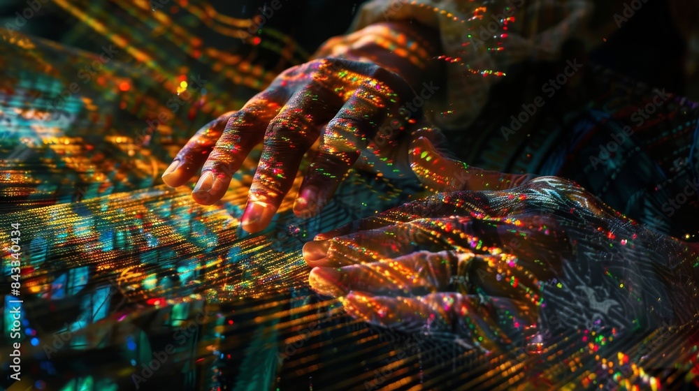 Double exposure of vibrant woven patterns and the weaver's hands in motion, set against a dark background, intricate detail Double exposure of vibrant woven patterns and the weaver's hands in motion, set against a dark background, intricate detail