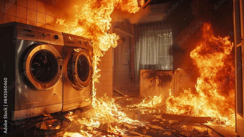 Dramatic fire scene in a drying room, clothing dryer and washing ...