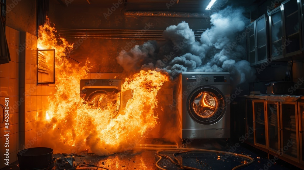 Drying room with a clothing dryer and washing machine, fire erupting ...