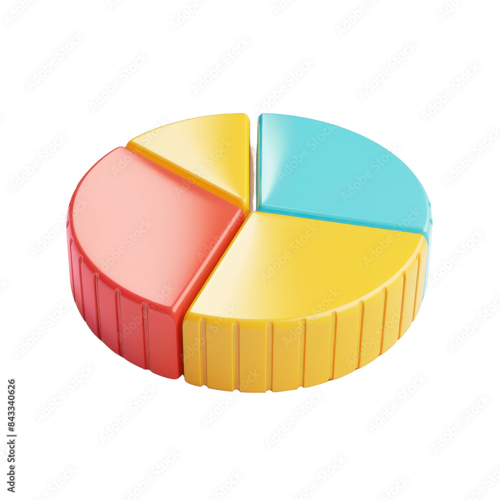 Obraz premium Colorful 3D pie chart with four segments in red, yellow, and blue, representing data visualization and business statistics.