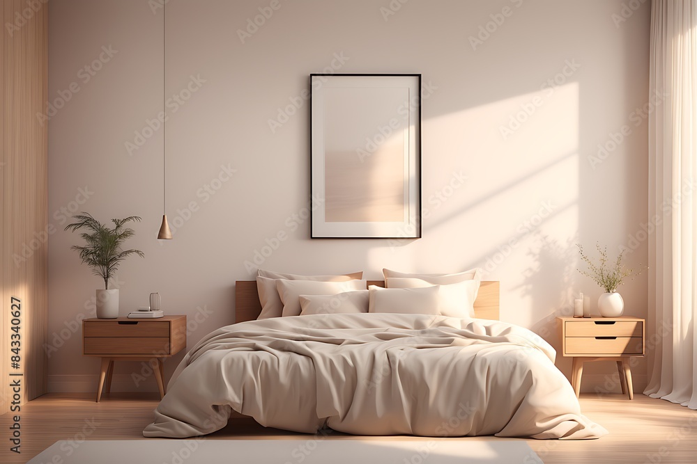 Mockup white empty frame in light cozy and simple bedroom interior background, 3d render Mockup white empty frame in light cozy and simple bedroom interior background, 3d render