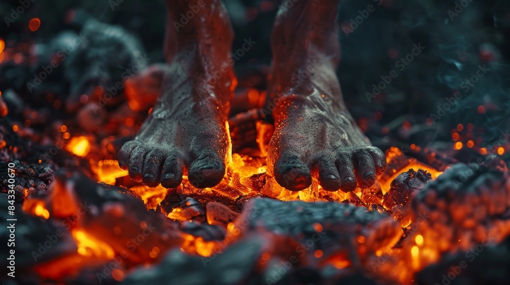Naklejka premium Close-up shot of bare feet on burning hot coals, the dark background making the glowing embers stand out vividly