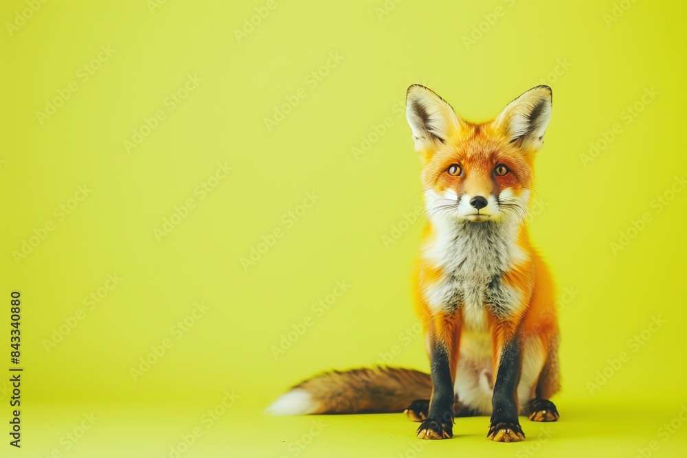 Obraz premium A red fox sitting on a green background, looking directly at the camera.