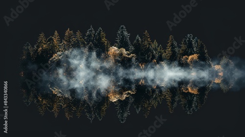 Dark black backdrop with soft shadowing, double exposure technique showing ethereal forest outlines
