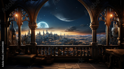 a full front veiw of a soft ornat backless bench on a wall between two pillars with a window in an Arabian palace at night with the stars out in the time of aladin