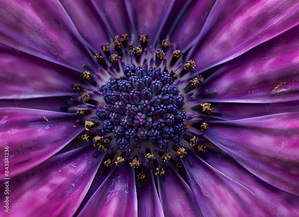 Obraz premium A closeup shot of the center part of an purple daisy flower, showcasing its vibrant petals and intricate stamen details