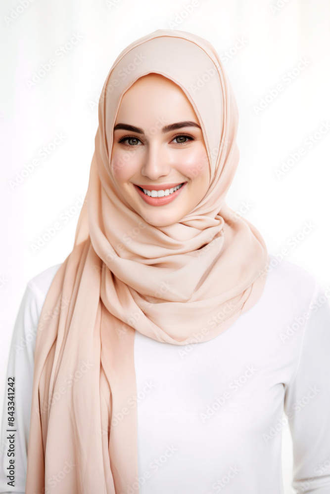 Portrait of a young smiling Muslim woman wearing a beige hijab on a white background. Portrait of a young smiling Muslim woman wearing a beige hijab on a white background.