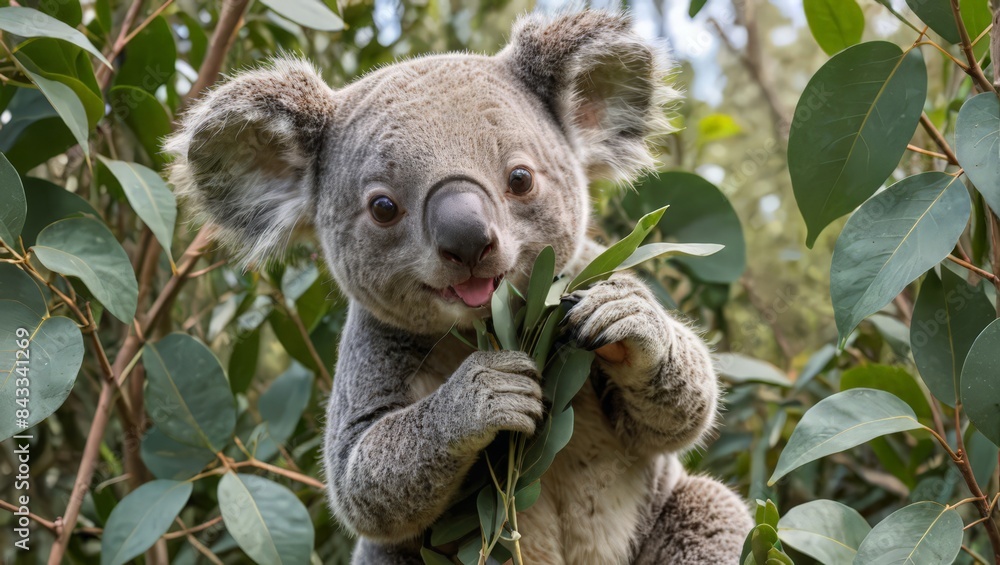 Fototapeta premium Koala Eating Eucalyptus Leaves in Tree