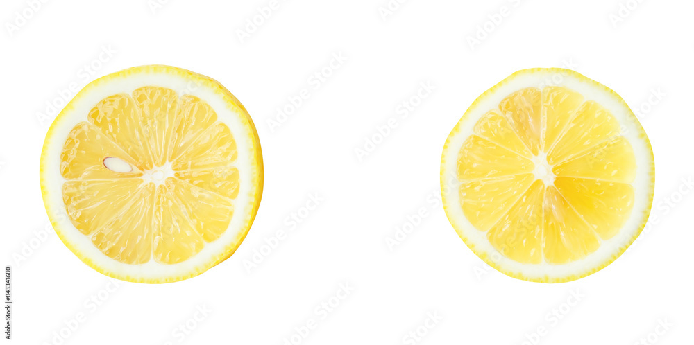 Fototapeta premium Top view set of fresh yellow lemon slices or halves scattering isolated with clipping path in png file format