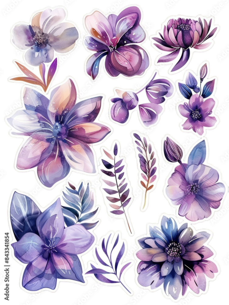 Obraz premium Set of purple and pink flowers and leaves. Watercolor illustration isolated on transparent background. Floral and botanical concept for design and print.