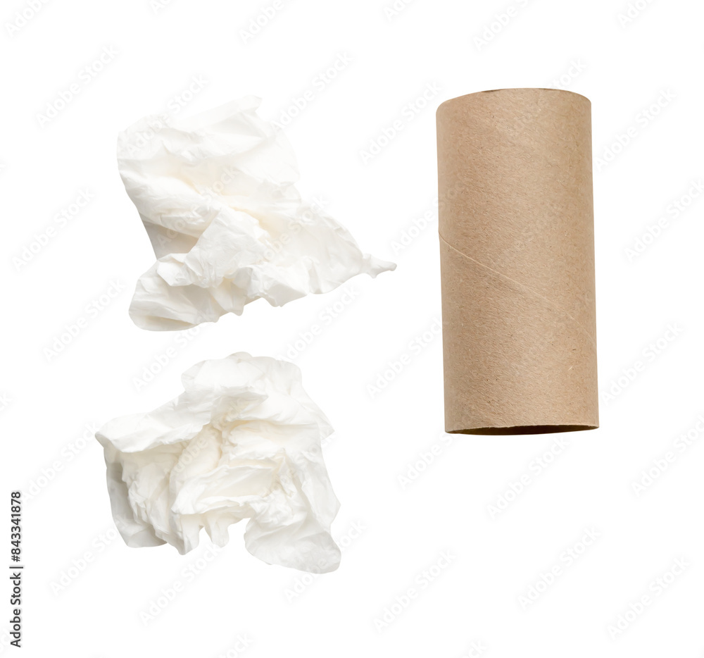 Top view set of crumpled tissue paper ball and core scattering isolated with clipping path in png file format Top view set of crumpled tissue paper ball and core scattering isolated with clipping path in png file format