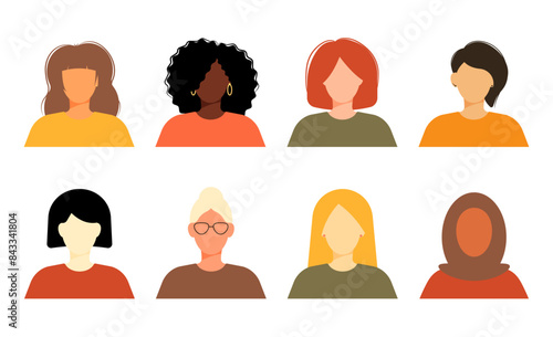 Women's Equality Day. Feminism holiday. Set of group women in different ethnicity, age, hair color and more. Vector illustration in flat style.