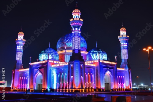 A mosque beautifully lit up at night for Eid celebrations photo