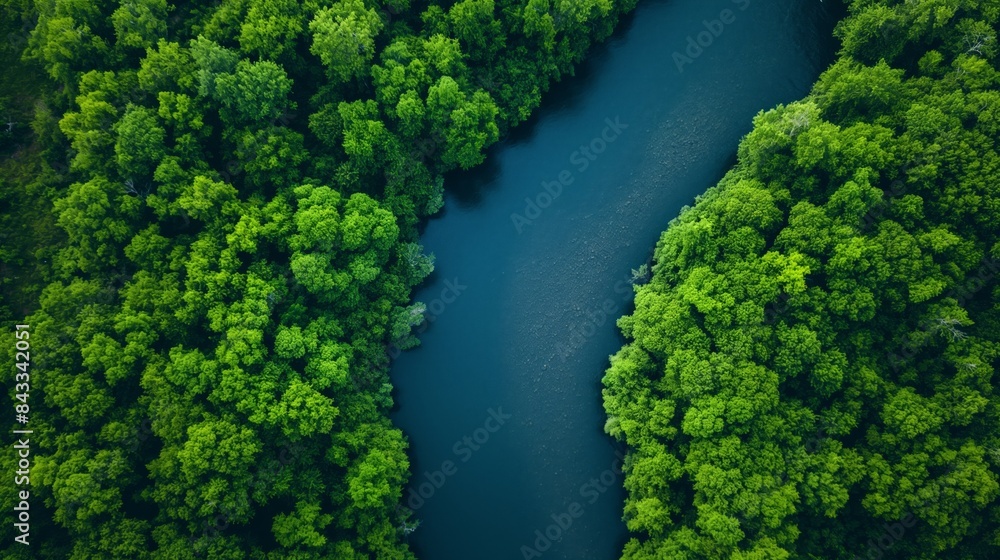 Aerial View of River Flowing Through Lush Green Forest Aerial View of River Flowing Through Lush Green Forest