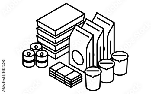 Simple line drawing of emergency kit, emergency rations, isometric illustration