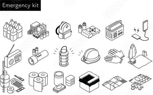 Simple line drawing of emergency kit, isometric illustration set