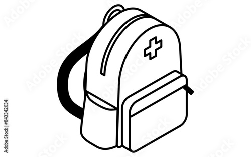 Simple line drawing of emergency kit, emergency rucksack, isometric illustration