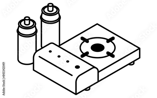 Simple line drawing of emergency kit, cassette stove, isometric illustration