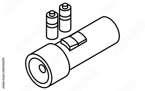 Simple line drawing of emergency kit, flashlight and battery, isometric illustration