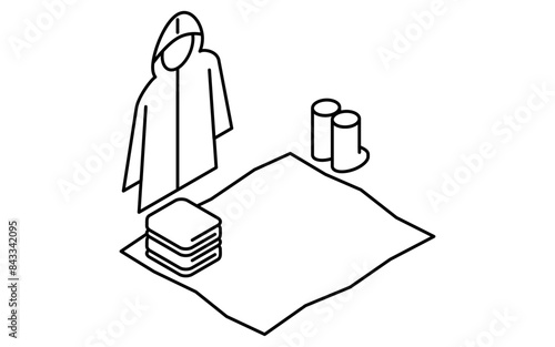 Simple line drawing of emergency kit, Rain gear (raincoat and boots), towel and sheet, isometric illustration