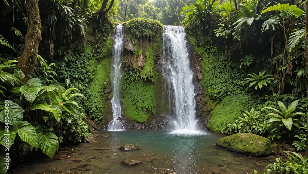 Lush Tropical Waterfall in a Tranquil Rainforest Lush Tropical Waterfall in a Tranquil Rainforest
