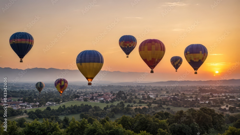 Naklejka premium Hot Air Balloons Flying Over Rural Landscape at Sunset