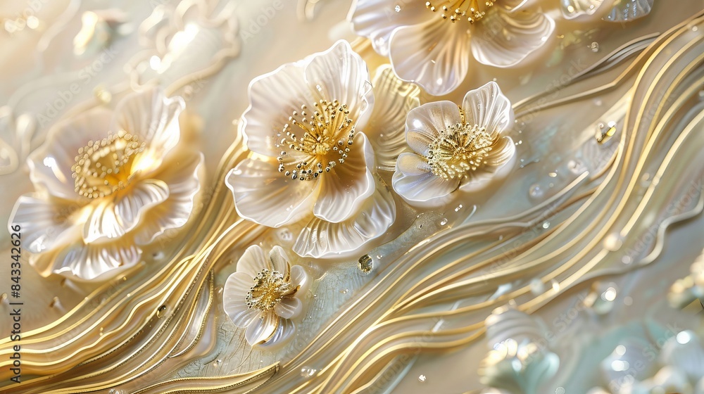Elegant gold waves and 3D flowers creating a luxurious floral mural with intricate details