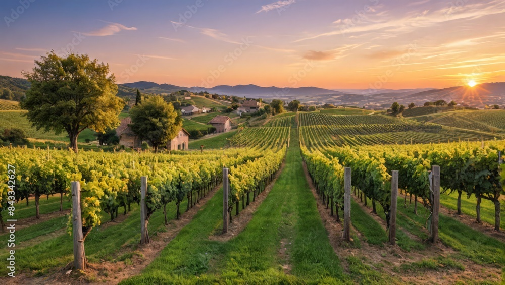 Naklejka premium Sunset over a Vineyard
