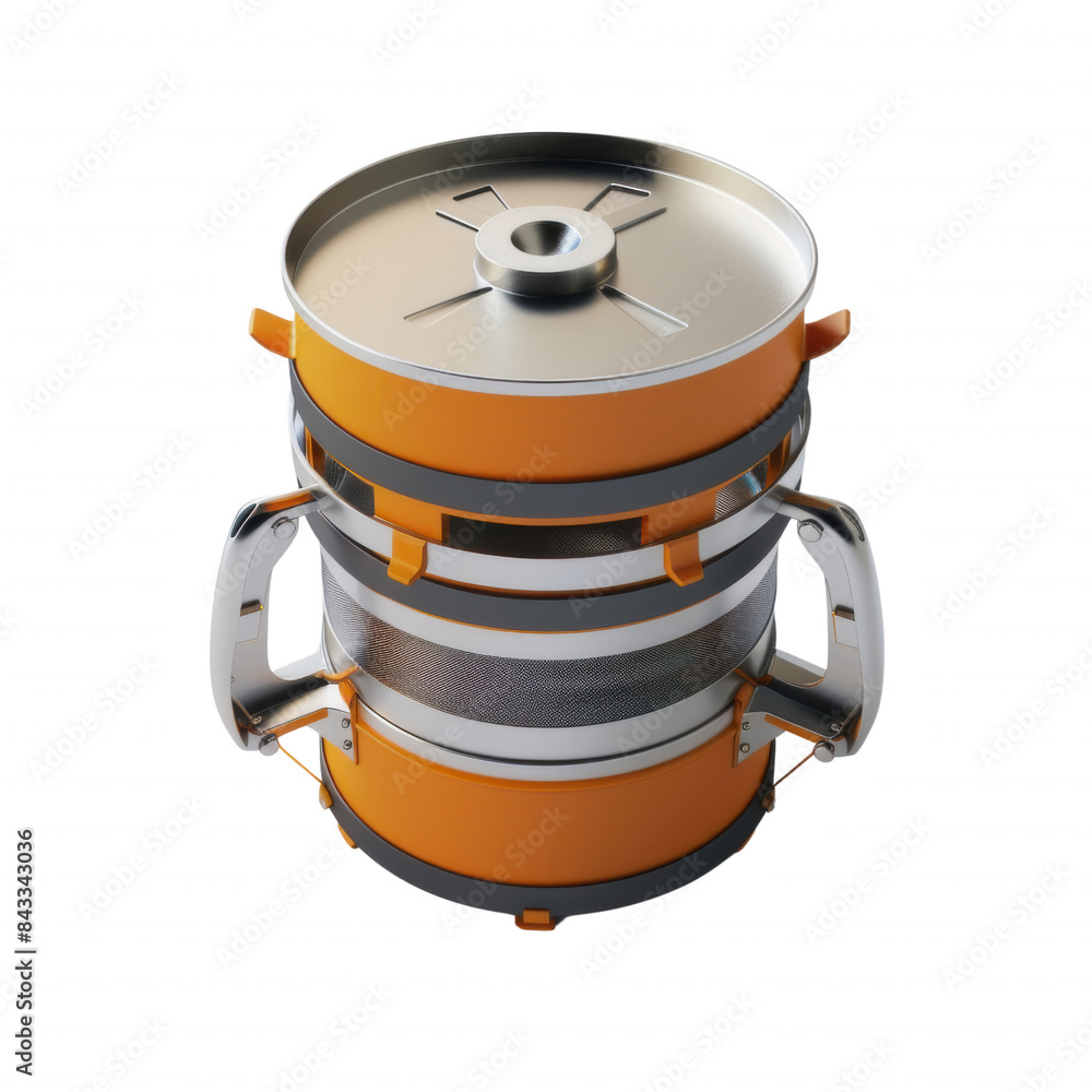 High-angle view of a modern, multi-layered stainless steel and orange pressure cooker on a white background. High-angle view of a modern, multi-layered stainless steel and orange pressure cooker on a white background.