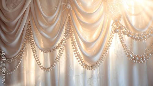 A curtain adorned with delicate pearls gracefully hanging, adding elegance and charm to the room's decor.