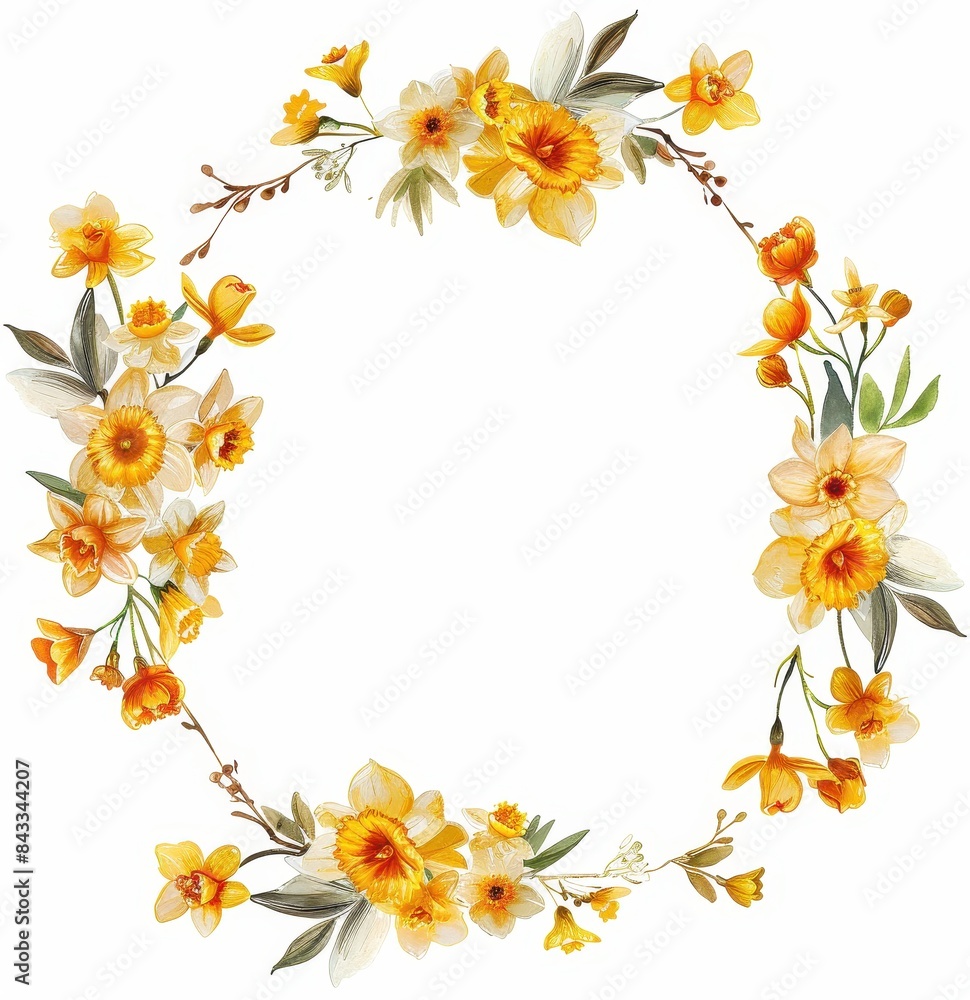 Floral Wreath of Yellow and White Daffodils, Elegant wreath made of yellow and white daffodils with green leaves, perfect for spring decor, on a white background.
Floral Wreath of Yellow and White Daffodils, Elegant wreath made of yellow and white daffodils with green leaves, perfect for spring decor, on a white background.