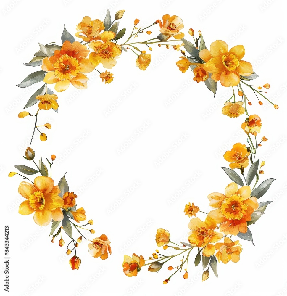 Floral Wreath of Yellow and White Daffodils, Elegant wreath made of yellow and white daffodils with green leaves, perfect for spring decor, on a white background.
Floral Wreath of Yellow and White Daffodils, Elegant wreath made of yellow and white daffodils with green leaves, perfect for spring decor, on a white background.