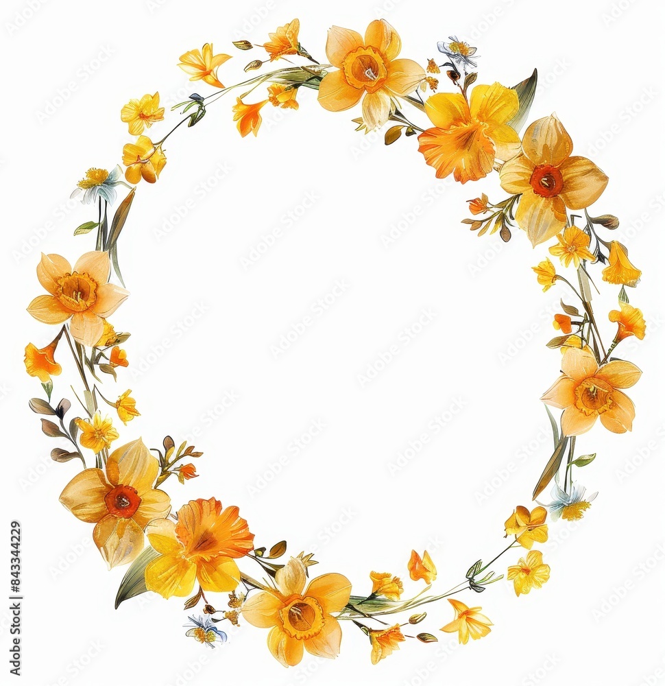 Floral Wreath of Yellow and White Daffodils, Elegant wreath made of yellow and white daffodils with green leaves, perfect for spring decor, on a white background.
Floral Wreath of Yellow and White Daffodils, Elegant wreath made of yellow and white daffodils with green leaves, perfect for spring decor, on a white background.