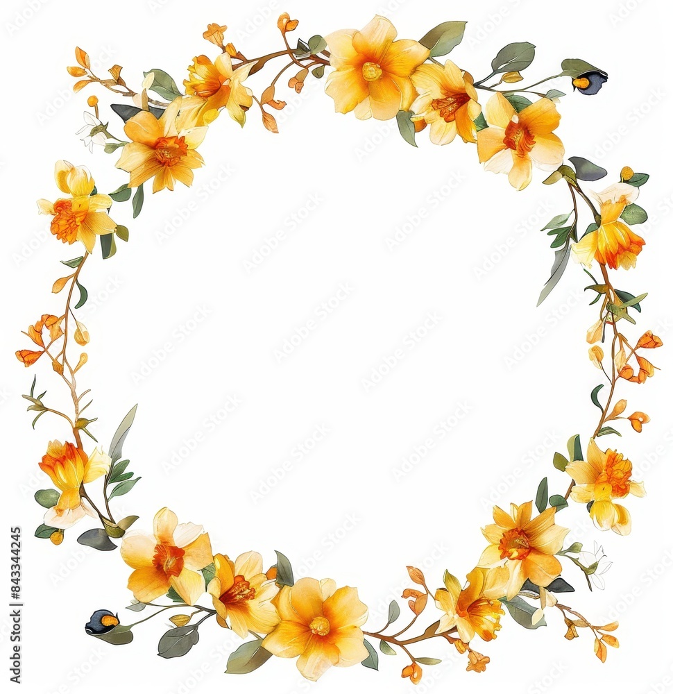 Floral Wreath of Yellow and White Daffodils, Elegant wreath made of yellow and white daffodils with green leaves, perfect for spring decor, on a white background.
Floral Wreath of Yellow and White Daffodils, Elegant wreath made of yellow and white daffodils with green leaves, perfect for spring decor, on a white background.