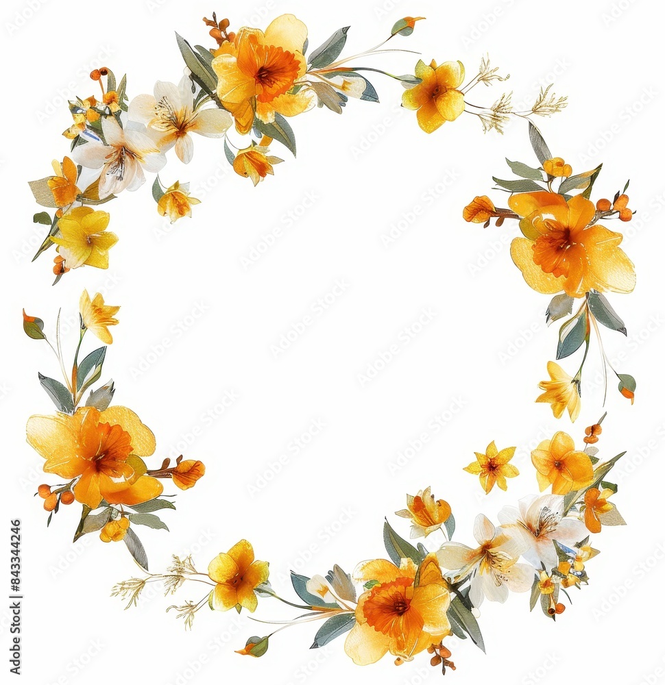 Floral Wreath of Yellow and White Daffodils, Elegant wreath made of yellow and white daffodils with green leaves, perfect for spring decor, on a white background.
