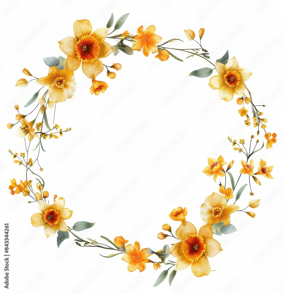 Floral Wreath of Yellow and White Daffodils, Elegant wreath made of yellow and white daffodils with green leaves, perfect for spring decor, on a white background.
Floral Wreath of Yellow and White Daffodils, Elegant wreath made of yellow and white daffodils with green leaves, perfect for spring decor, on a white background.
