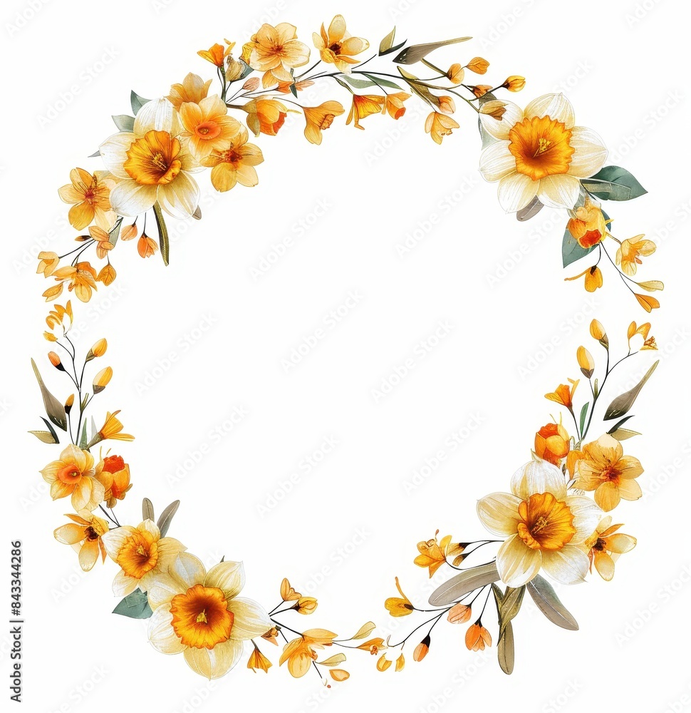 Floral Wreath of Yellow and White Daffodils, Elegant wreath made of yellow and white daffodils with green leaves, perfect for spring decor, on a white background.
Floral Wreath of Yellow and White Daffodils, Elegant wreath made of yellow and white daffodils with green leaves, perfect for spring decor, on a white background.