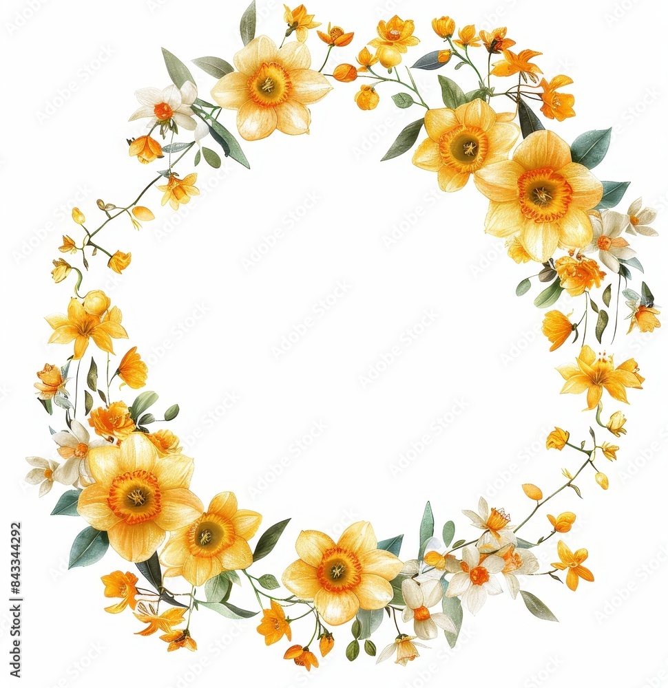 Floral Wreath of Yellow and White Daffodils, Elegant wreath made of yellow and white daffodils with green leaves, perfect for spring decor, on a white background.
Floral Wreath of Yellow and White Daffodils, Elegant wreath made of yellow and white daffodils with green leaves, perfect for spring decor, on a white background.